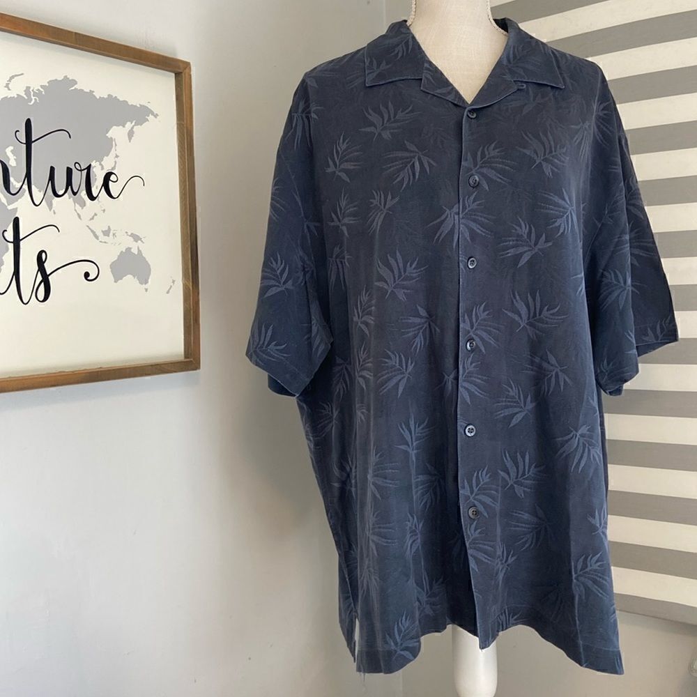 Joseph & Feiss Navy Blue Foliage Leaf Print 100% Silk Button Up Shirt Size XXL